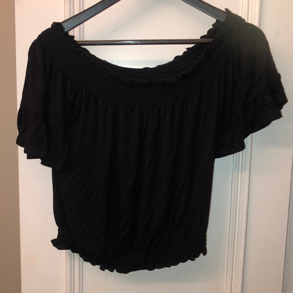 Black cinched off the shoulder crop top